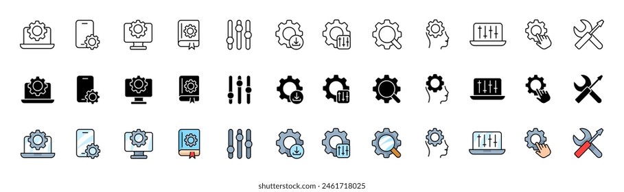 Settings icons collection. Gear icons. Linear, silhouette and flat style. Vector icons