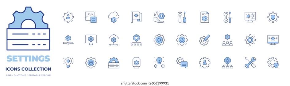 Settings icons collection. Line Duotone style, editable stroke. api, development, smartwatch, server, file, functional, settings, setting, book, tools, photo filter.