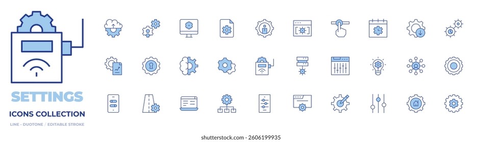 Settings icons collection. Line Duotone style, editable stroke. analytics, fuel, download, cloud uploading, multitasking, setup, phone, smarthome, settings, idea.