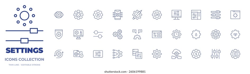 Settings icons collection. Thin Line icons, editable stroke. vision, data, engineering, creative process, security, notification, gear, settings, time, filter.