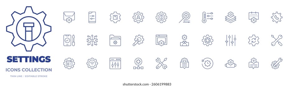 Settings icons collection. Thin Line icons, editable stroke. web management, gear, event, mail, website, message, repair, tool, sustainable, settings, setting.