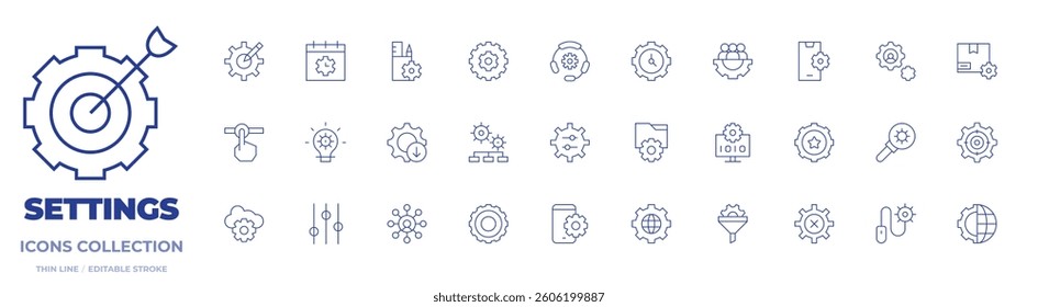 Settings icons collection. Thin Line icons, editable stroke. management, teamwork, download, filter, multitasking, programming, setting, settings, clock, idea.