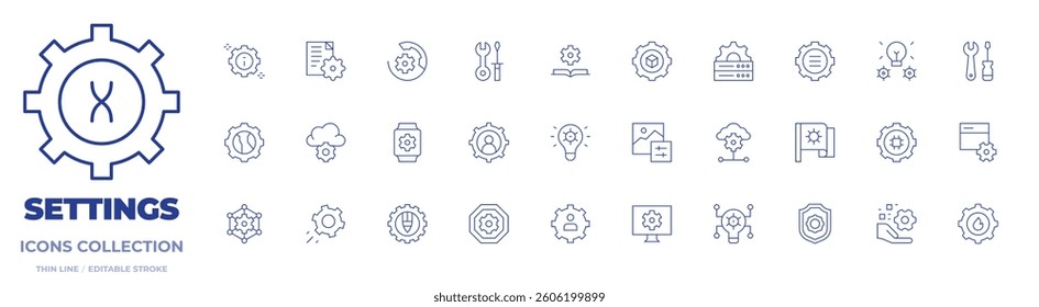 Settings icons collection. Thin Line icons, editable stroke. management, api, smartwatch, server, tech support, idea, setting, settings, connection, book.