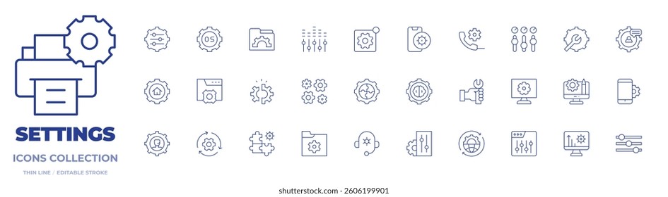 Settings icons collection. Thin Line icons, editable stroke. folder, solution, disruption, settings, settings notification, customer service agent, setup.