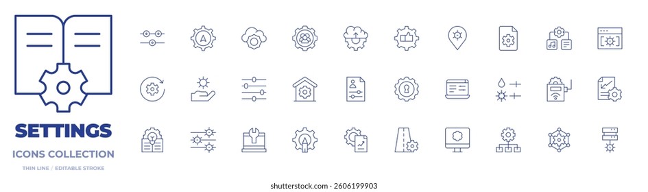 Settings icons collection. Thin Line icons, editable stroke. controls, control, outsourcing, work in progress, analytics, fuel, idea, cloud uploading, gear.