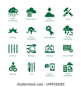 settings icons. Editable 16 settings icons. Included icons such as Cloud computing, Cloud server, Tools, Settings, Maintenance, Control panel, Tool. trendy icons for web.