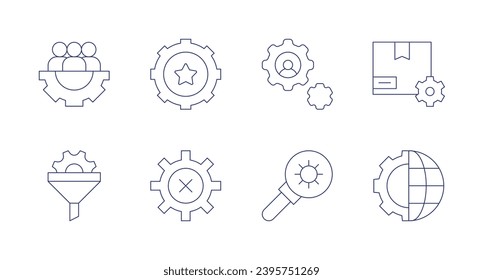 Settings icons. Editable stroke. Containing teamwork, filter, settings, system, globe.