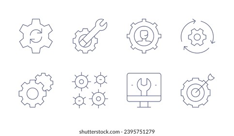 Settings icons. Editable stroke. Containing sustainable, gears, settings, customer service agent, computer, setup, goal.