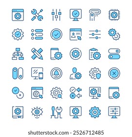 Settings icons. Outline symbols. Vector blue line icons set