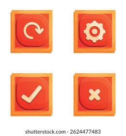 Settings icons set cartoon vector. Button for update, check mark, cross and gear. Multimedia