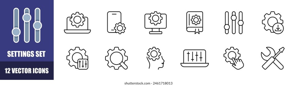 Einstellungen-Symbole festgelegt. Zahnradsymbole. Linearer Stil. Vektorsymbole