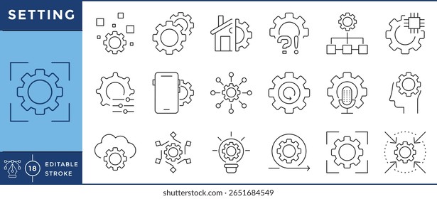 Conjunto de iconos de Configuraciones. Engranaje, interfaz de usuario, configuración, control, configuración y muchos más. Vector de trazo editable.