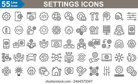 Un conjunto de iconos de Configuraciones incluye símbolos intuitivos como engranajes, controles deslizantes y bloqueos, que representan varias opciones de configuración y ajuste. 