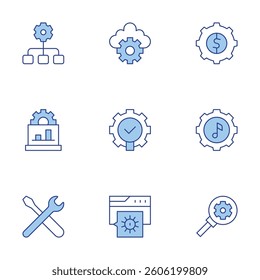 Settings icons set. Line Duotone style, editable stroke. support, search, reorganize, laptop, settings, setting.