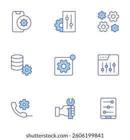 Settings icons set. Line Duotone style, editable stroke. phone call, repair, data management, settings, settings notification, controls.