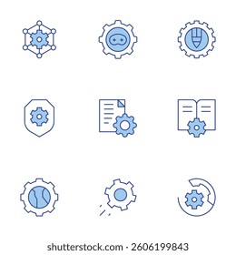 Settings icons set. Line Duotone style, editable stroke. management, tech support, manual, connection, settings, shield, setting.