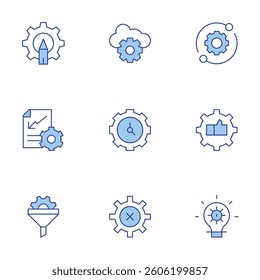 Settings icons set. Line Duotone style, editable stroke. filter, settings, cloud settings, clock, idea, gear.