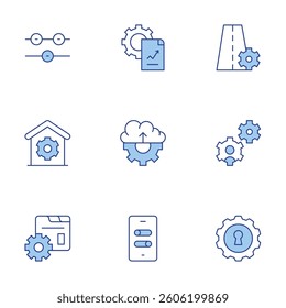 Settings icons set. Line Duotone style, editable stroke. controls, analytics, cloud uploading, setup, settings, gear.