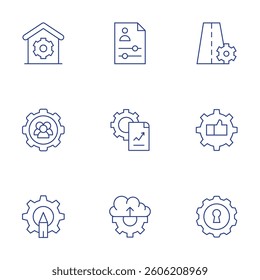 Settings icons set. Thin Line style, editable stroke. control, analytics, cloud uploading, settings, teamwork, gear.