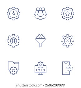 Settings icons set. Thin Line style, editable stroke. teamwork, filter, programming, settings, setting, clock, globe.