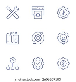 Settings icons set. Thin Line style, editable stroke. support, project, reorganize, settings, idea, setting.