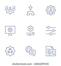 Settings icons set. Thin Line style, editable stroke. upload, file, levels, settings, cogwheel.