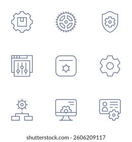 Settings icons set. Thin Line style, editable stroke. shield, settings, setting, gear, account.