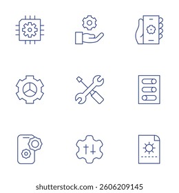 Settings icons set. Thin Line style, editable stroke. settings, chip, gear, device, tools.