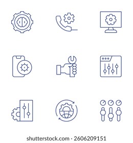 Settings icons set. Thin Line style, editable stroke. phone call, repair, globalization, settings, brain, controls.