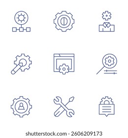 Settings icons set. Thin Line style, editable stroke. gear, website, tool, settings, network, user.
