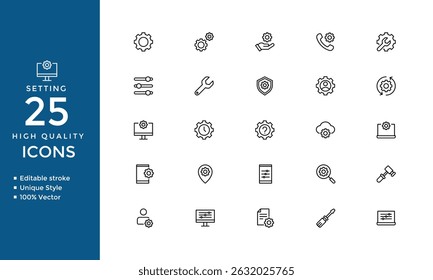 Ícones de configurações - Conjunto de vetor sólido de engrenagem, configuração, painel de controle, ferramentas e otimização