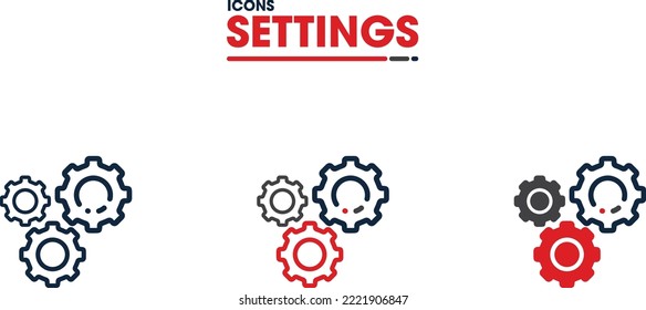 Settings Icons in three versions. Outline-filled, modern, and stylish icon. Customizable to fit any brand identity.