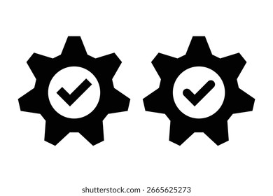 Configuraciones Iconos con marca de garrapata. Símbolo de marca de verificación del engranaje. Icono de configuración de engranajes, símbolo de rueda dentada. Ilustración vectorial