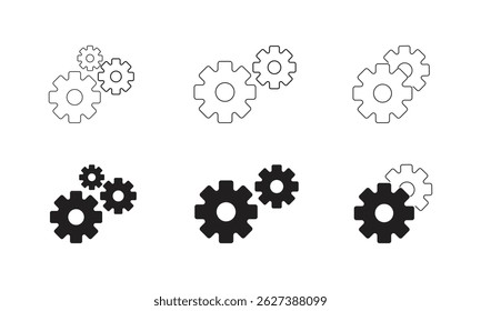 Settings Icons Variations. Each icon showcases interlocking or adjacent gears, representing system settings, configuration, or technical processes.