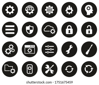 Settings Icons White On Black Flat Design Circle Set Big