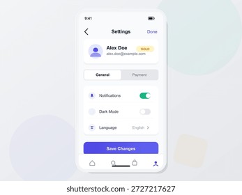 A interface de configurações exibe detalhes do perfil do usuário, preferências de notificação, alternância de modo escuro e seleção de idioma em um dispositivo móvel. O layout é limpo e fácil de usar.