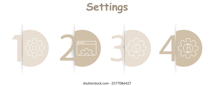 Settings interface set icon Cogwheel, browser settings, currency settings, adjustment tools. Configuration, optimization, control