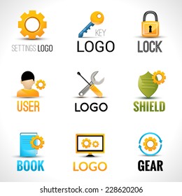 Settings key lock user shield book gear set isolated vector illustration