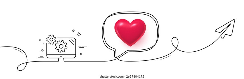 Settings line icon. Continuous line with share plane. Cogwheel engineering tool sign. Cog gear symbol. 3d heart in speech bubble. Settings single line ribbon. Loop curve pattern. Vector