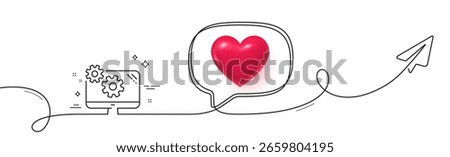 Settings line icon. Continuous line with share plane. Cogwheel engineering tool sign. Cog gear symbol. 3d heart in speech bubble. Settings single line ribbon. Loop curve pattern. Vector