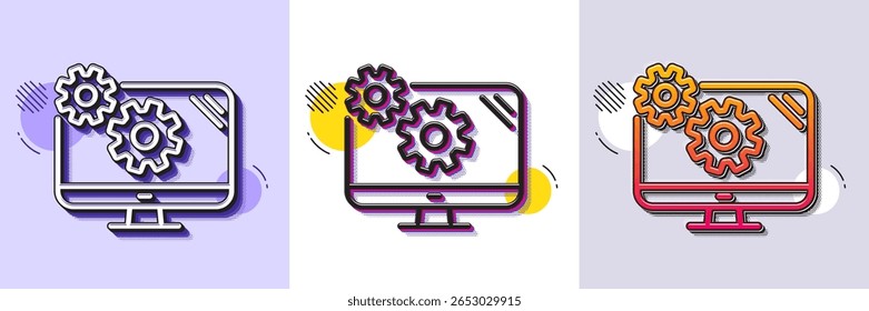 Settings line icon. Halftone dotted pattern. Gradient icon with grain shadow. Cogwheel engineering tool sign. Cog gear symbol. Line settings icon. Various designs. Vector
