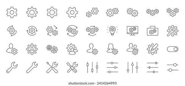 Settings line icon set. Cogwheel, support, wrench, screwdriver, development, config, toolbar, setup minimal vector illustrations. Simple outline signs for application options. Editable Stroke