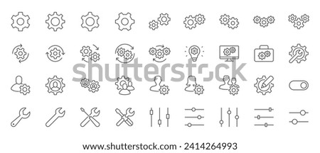 Settings line icon set. Cogwheel, support, wrench, screwdriver, development, config, toolbar, setup minimal vector illustrations. Simple outline signs for application options. Editable Stroke