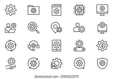 Settings line icon set. Containing options, configuration, preferences, adjustments, operation, gear, control panel, equalizer, management, optimization and productivity icons.