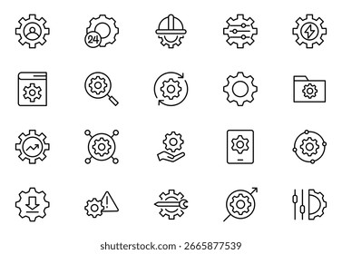 Configurações definição de ícone de linha. Contendo opções, configuração, preferências, ajustes, engrenagem, painel de controle, equalizador, gerenciamento, otimização e mais ícones. Ilustração vetorial. traçado editável