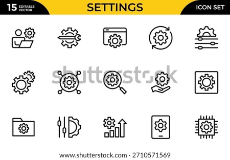 Settings line icon set. Containing options, preferences, adjustments, gear, control, management, and more icons. Thin outline icons pack. Vector illustration
