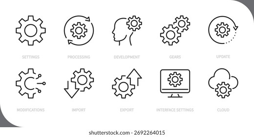 Configurações definição de ícone de linha. Configurações, processamento, desenvolvimento, engrenagens, atualização, modificações, importação, exportação, configurações de interface, sinal de nuvem. Ilustração vetorial. Traçado editável. Design plano.