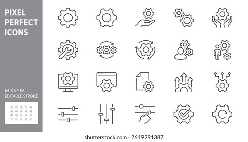 Settings line icon set. Vector illustration include icon - cogwheel, spanner, config, automation process, service, outline pictogram for system maintenance. 64x64 Pixel Perfect, Editable Stroke.