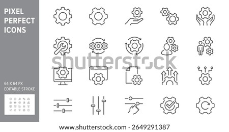 Settings line icon set. Vector illustration include icon - cogwheel, spanner, config, automation process, service, outline pictogram for system maintenance. 64x64 Pixel Perfect, Editable Stroke.