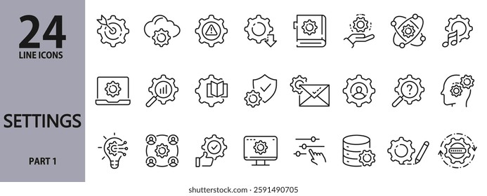 Settings line icons set with Configuration, Options, Network, Security, Data, System, Technology and more. Editable Stroke